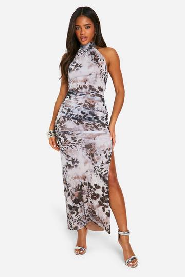 Halterneck Animal Mesh Maxi Dress grey