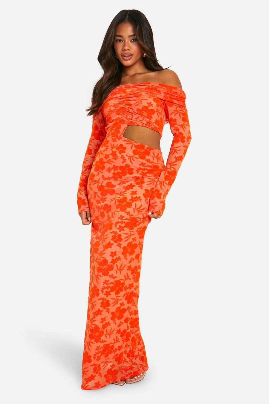 Orange Bardot Ruched Devore Cut Out Maxi Dress image number 1