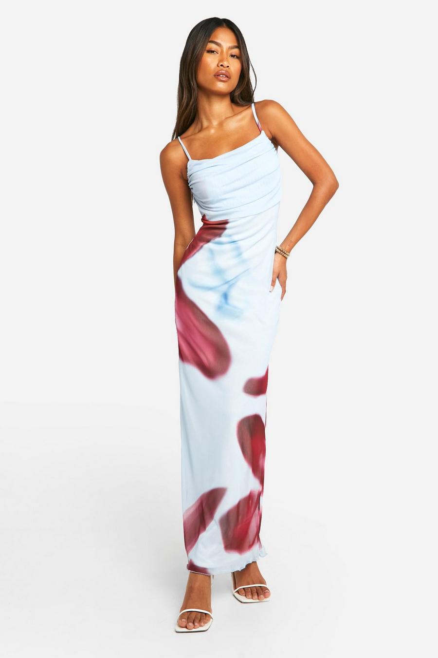 Blue Floral Print Mesh Maxi Slip Dress image number 1