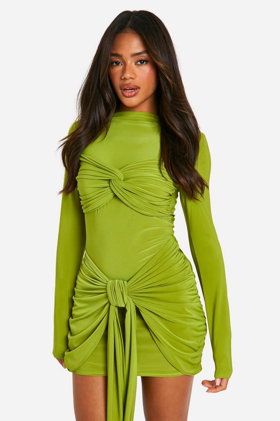Lime Ruched Twist Detail Mini Dress