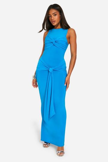 Geplooide Gedraaide Maxi Jurk Met Racer Hals blue