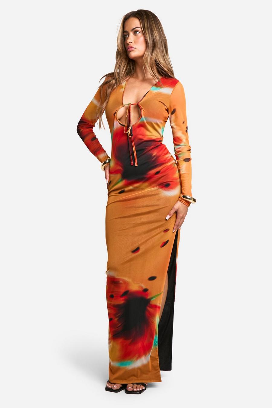 Orange Blommig långärmad maxiklänning med knytdetalj