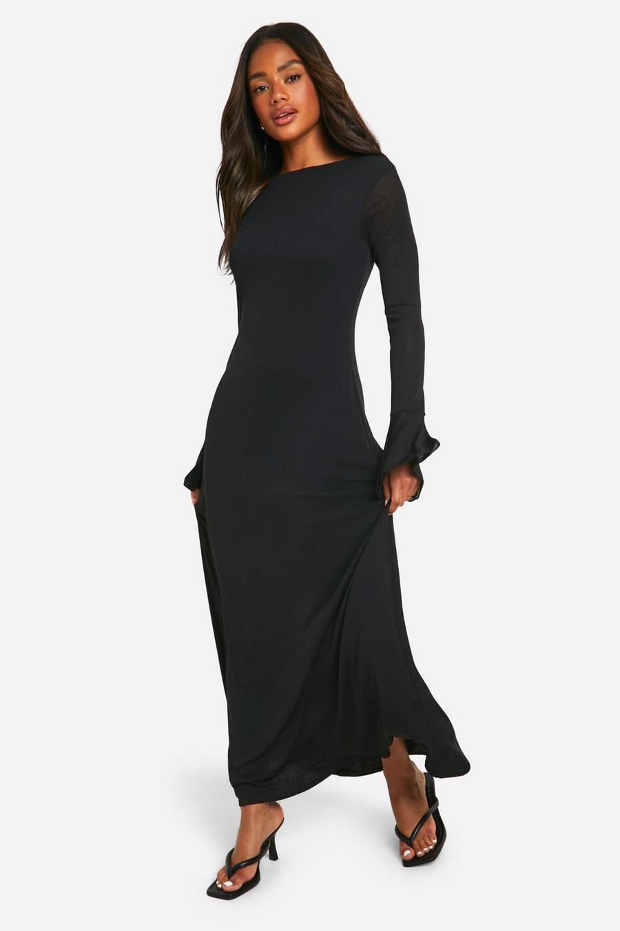 Black Sheer Open Back Flare Sleeve Maxi Dress image number 1