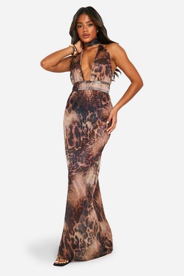 Brown Leopard Crinkle Mesh Plunge Maxi Dress