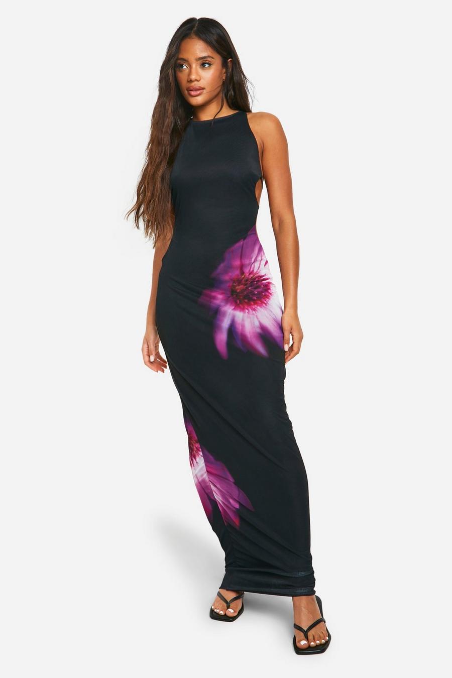 Purple Cut Out Strappy Floral Mesh Maxi Dress image number 1