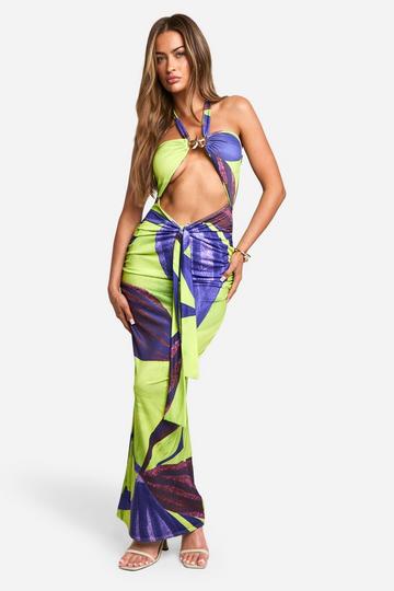 Strakke Cut Out Halter Maxi Jurk Met Gouden Zoom En Opdruk purple