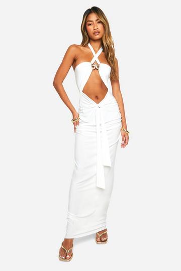 White Halter Gold Trim Cut Out Slinky Maxi Dress