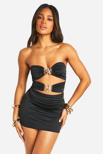 Black Bandeau Gold Trim Cut Out Slinky Mini Dress