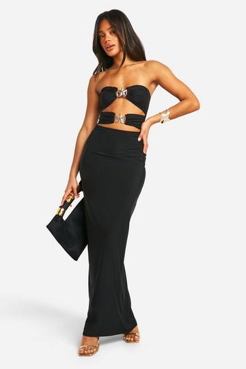 Bandeau Gold Trim Cut Out Slinky Maxi Dress black