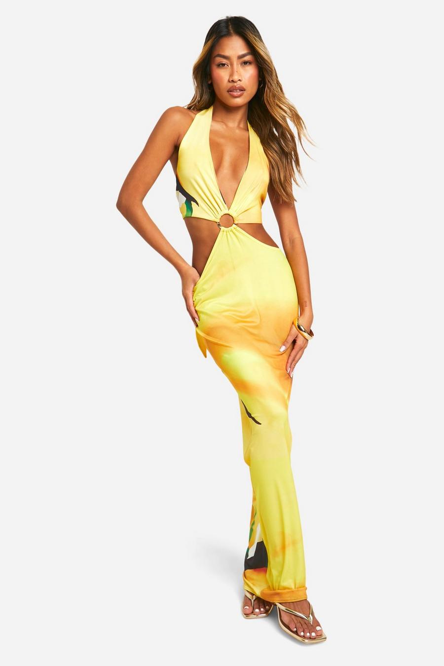 Yellow Gold Trim Printed Plunge Cut Out Slinky Maxi Dress image number 1