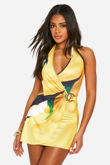 Gold Trim Printed Plunge Slinky Bodycon Dress yellow