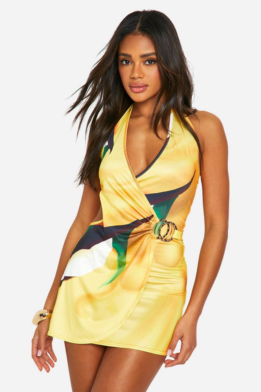 Yellow Gold Trim Printed Plunge Slinky Bodycon Dress