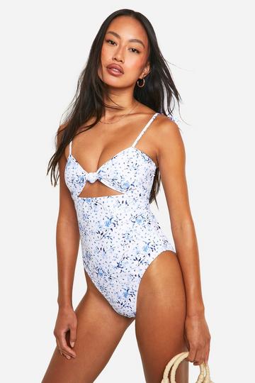 Porcelain Print Knot Detail Swimsuit white