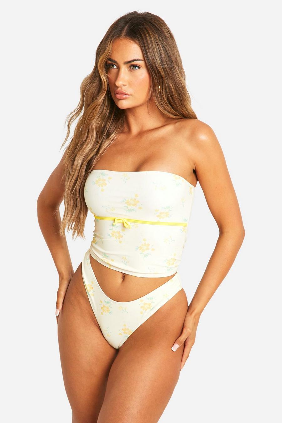 Lemon Ditsy Floral Longline Bandeau Bikini Set image number 1