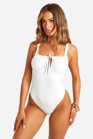 Broderie Ruched Tie Swimsuit white