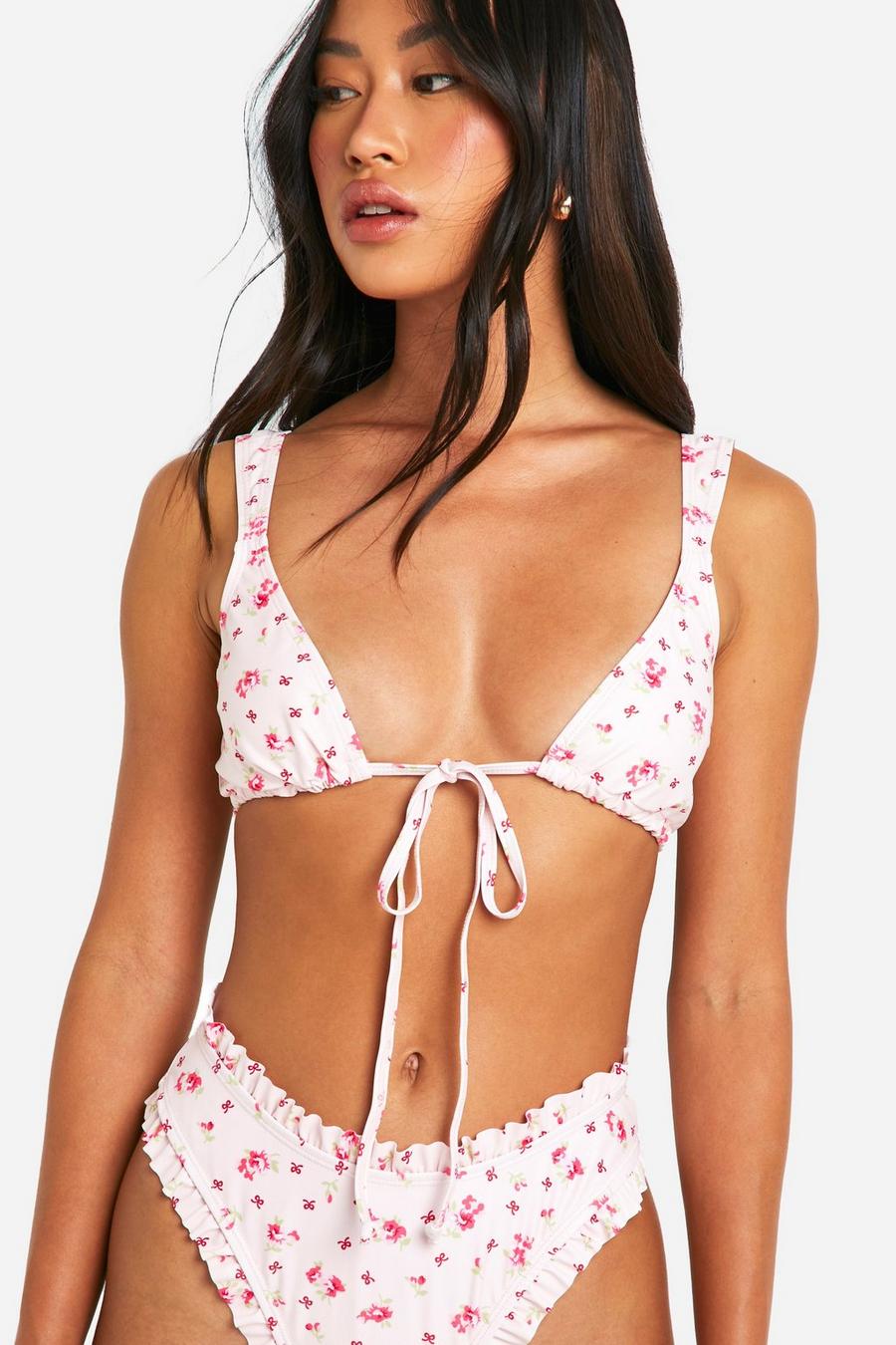 Pink Ditsy Floral Tie Front Bikini Top image number 1