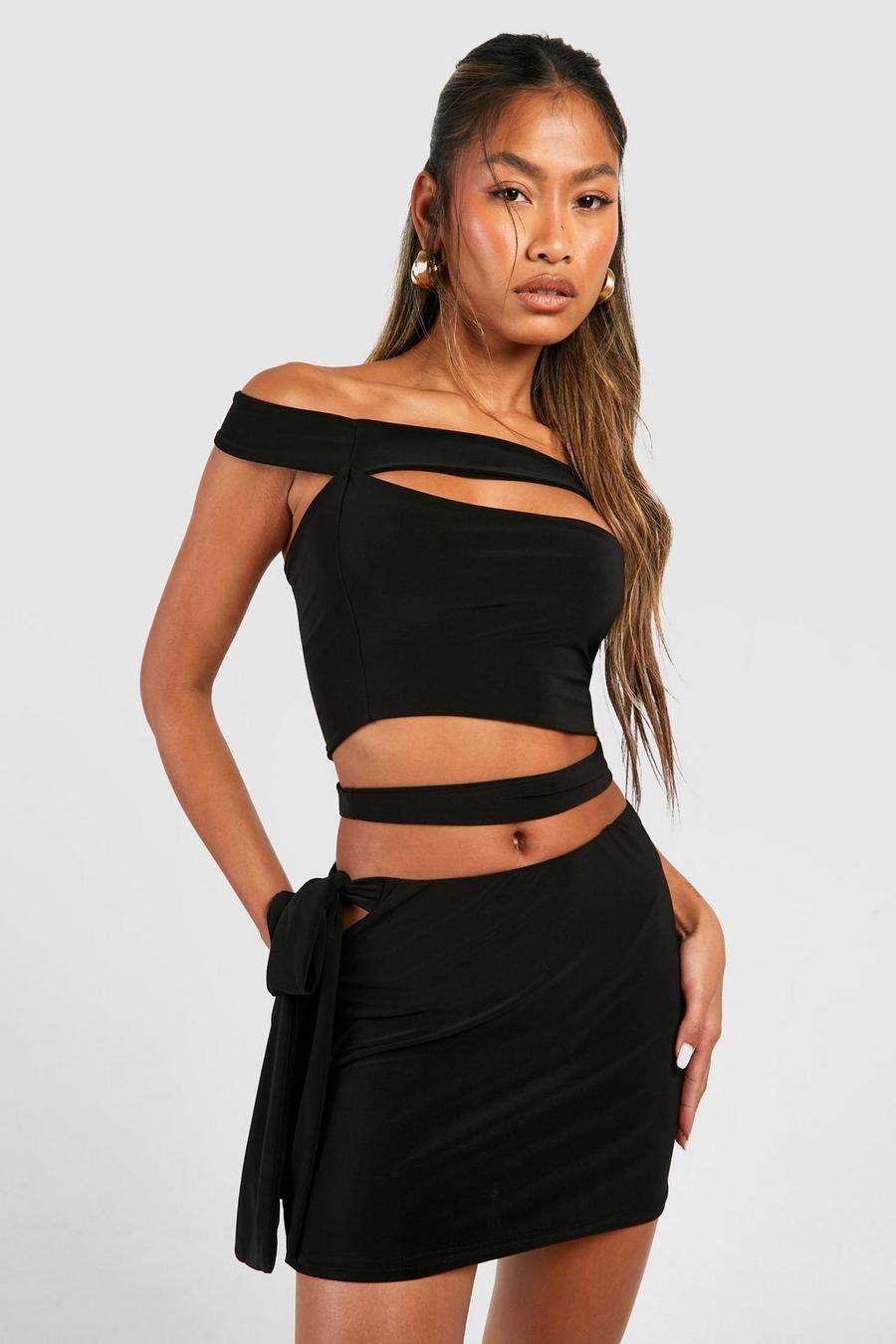 Black Disco Slinky Tie Front Mini Dress