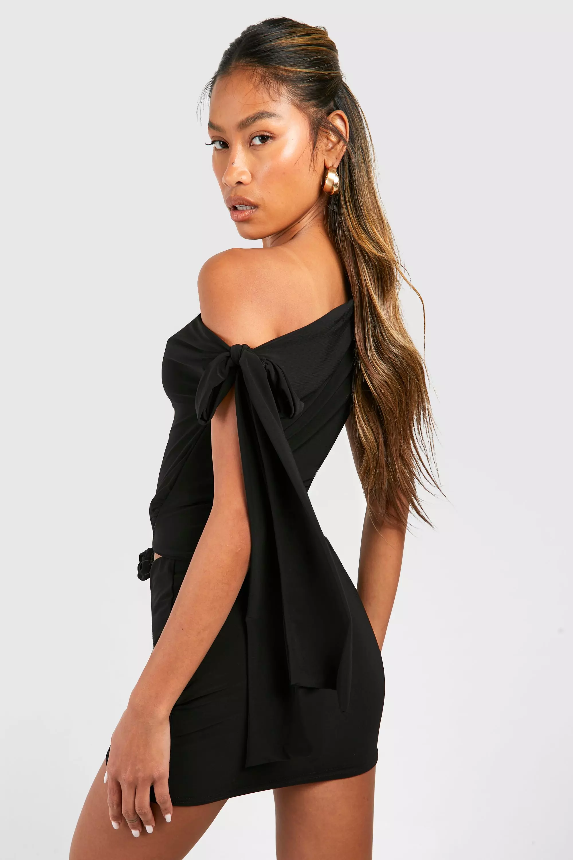 Black Bow Tie Shoulder Drape Top alternative image