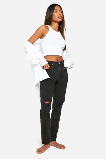 Boohoo Basics 32 Inch Leg High Waisted Ripped Mom Jeans washed black