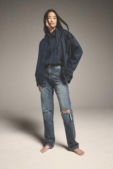 Basics High Waisted Straight Leg Ripped Knee Jeans vintage blue