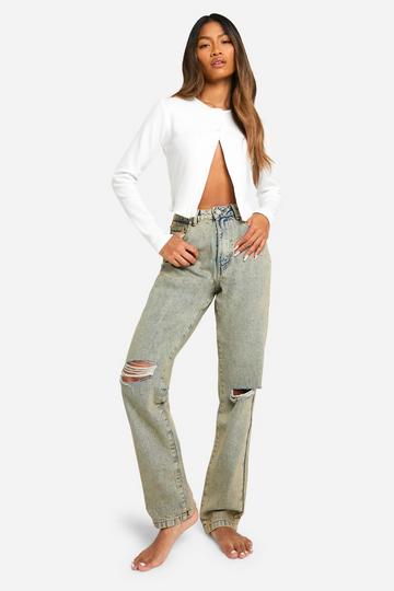 Basics 30 Inch Leg Vintage Wash High Waisted Straight Leg Ripped Knee Jeans sand