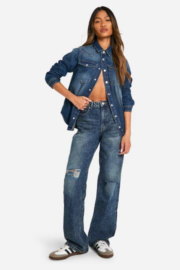 Boohoo Basics Ripped Knee Boyfriend Jeans vintage blue
