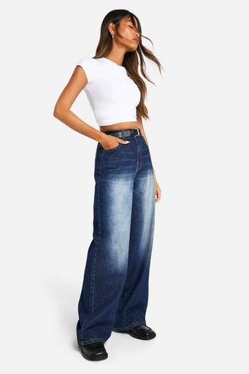 Boohoo Basics 30 Inch Leg High Waisted Wide Leg Jeans washed indigo