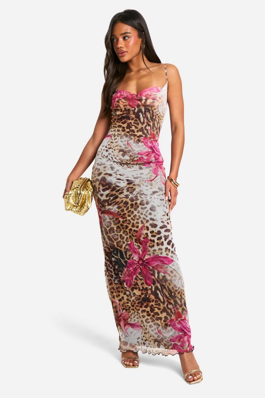 Multi Blommig långklänning i mesh med leopardmönster image number 1