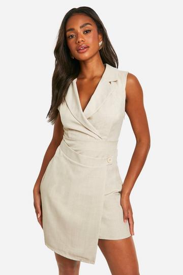 Woven Sleeveless Wrap Detail Blazer Dress stone