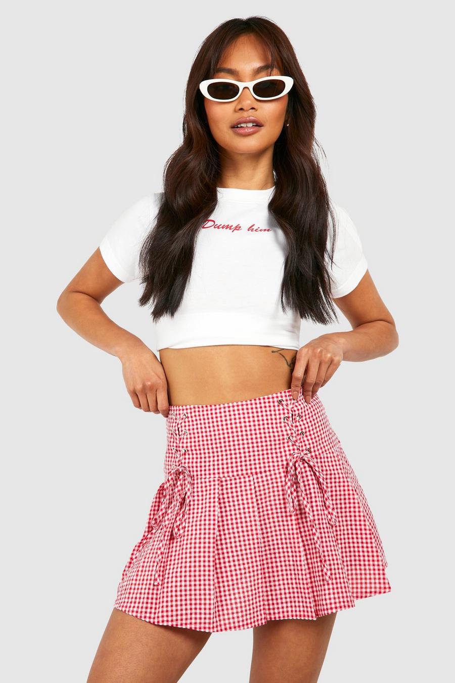 Red Lace Up Gingham Pleatedtennis Skirt