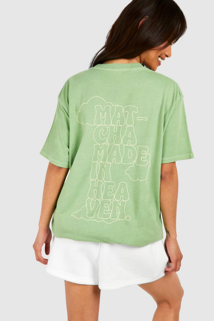 T-shirt oversize in lavaggio acido con slogan Matcha Made In Heaven, Green image number 1