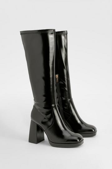 Wide Width Platform Block Heel Knee High Boots black