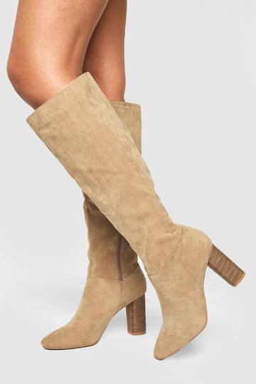 Block Wooden Heel Faux Suede Knee High Boots natural