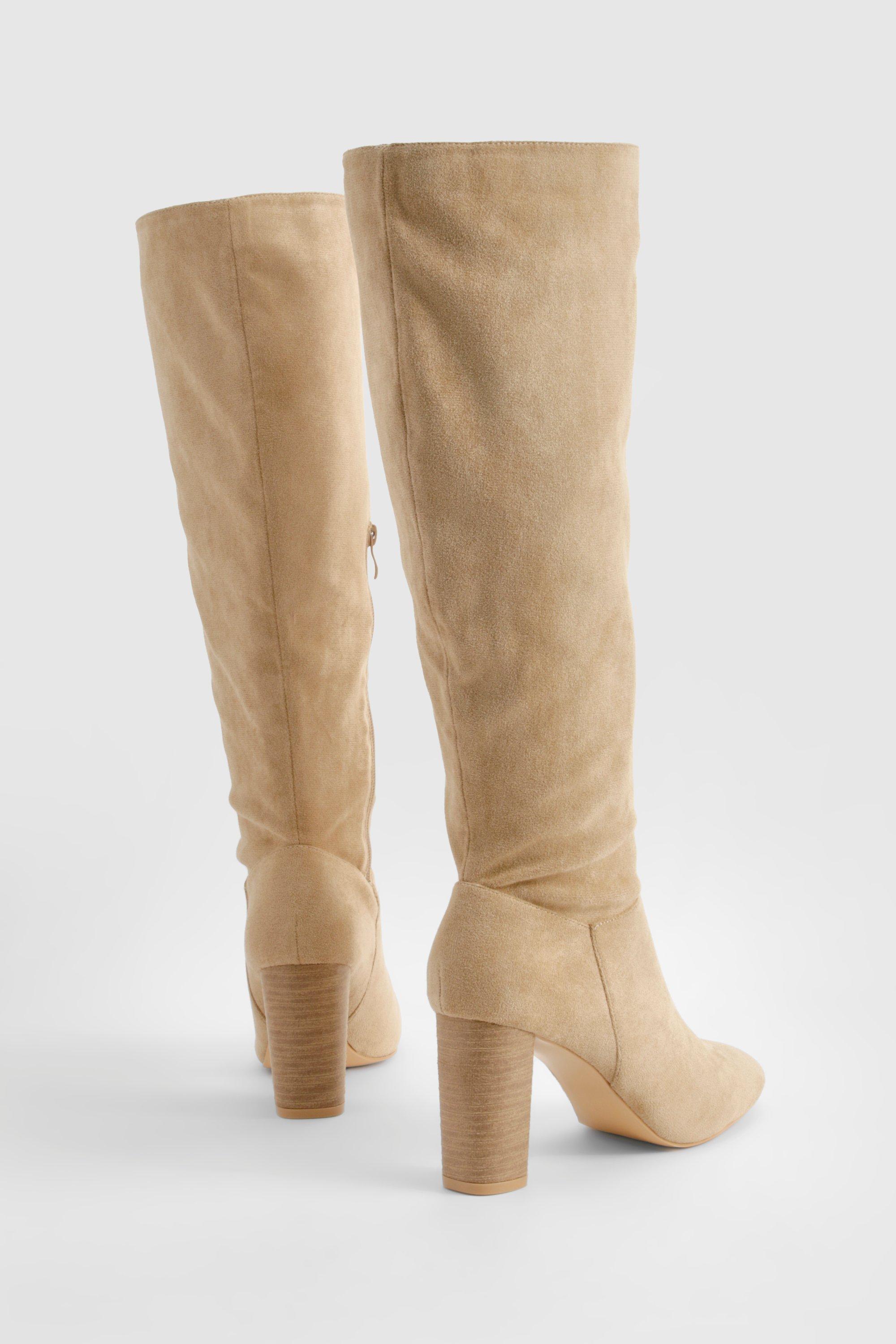 Boohoo Women s Block Wooden Heel Faux Suede Knee High Boots Beige