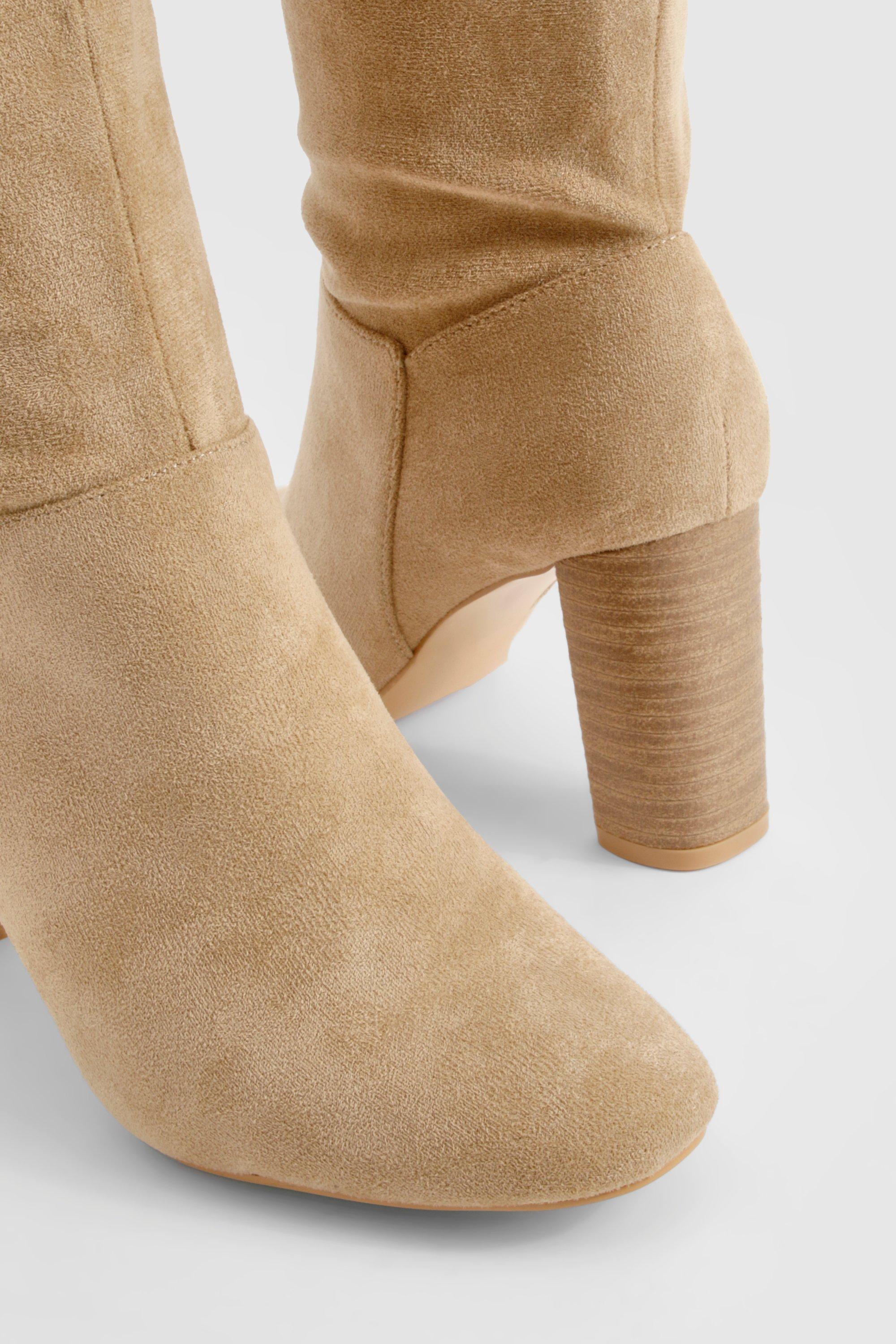 Boohoo Women s Block Wooden Heel Faux Suede Knee High Boots Beige