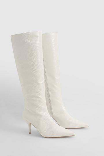 Low Heel Pointed Croc Knee High Boots cream