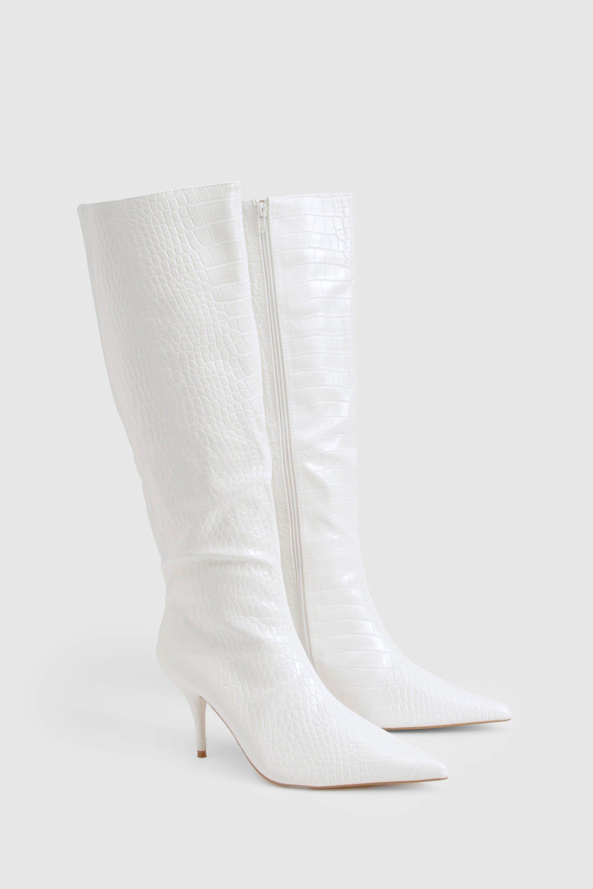 Low Heel Pointed Croc Knee High Boots boohoo NO