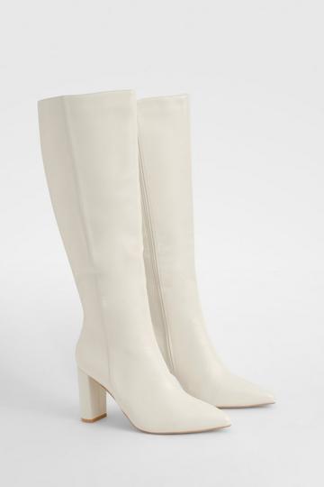 Cream White Wide Fit Pointed Knee High Heeled Boot