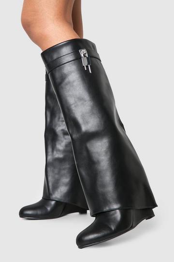 Padlock Detail Wedge Fold Over Knee Boots black