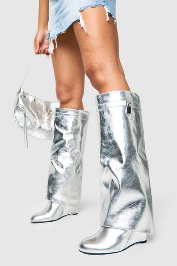 Metallic Padlock Detail Wedge Fold Over Knee Boots silver