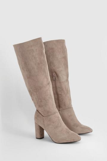 Wide Fit Faux Suede Block Heel Knee High Boots taupe