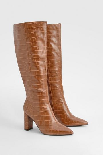 Wide Fit Croc Pointed Knee High Heeled Boots camel