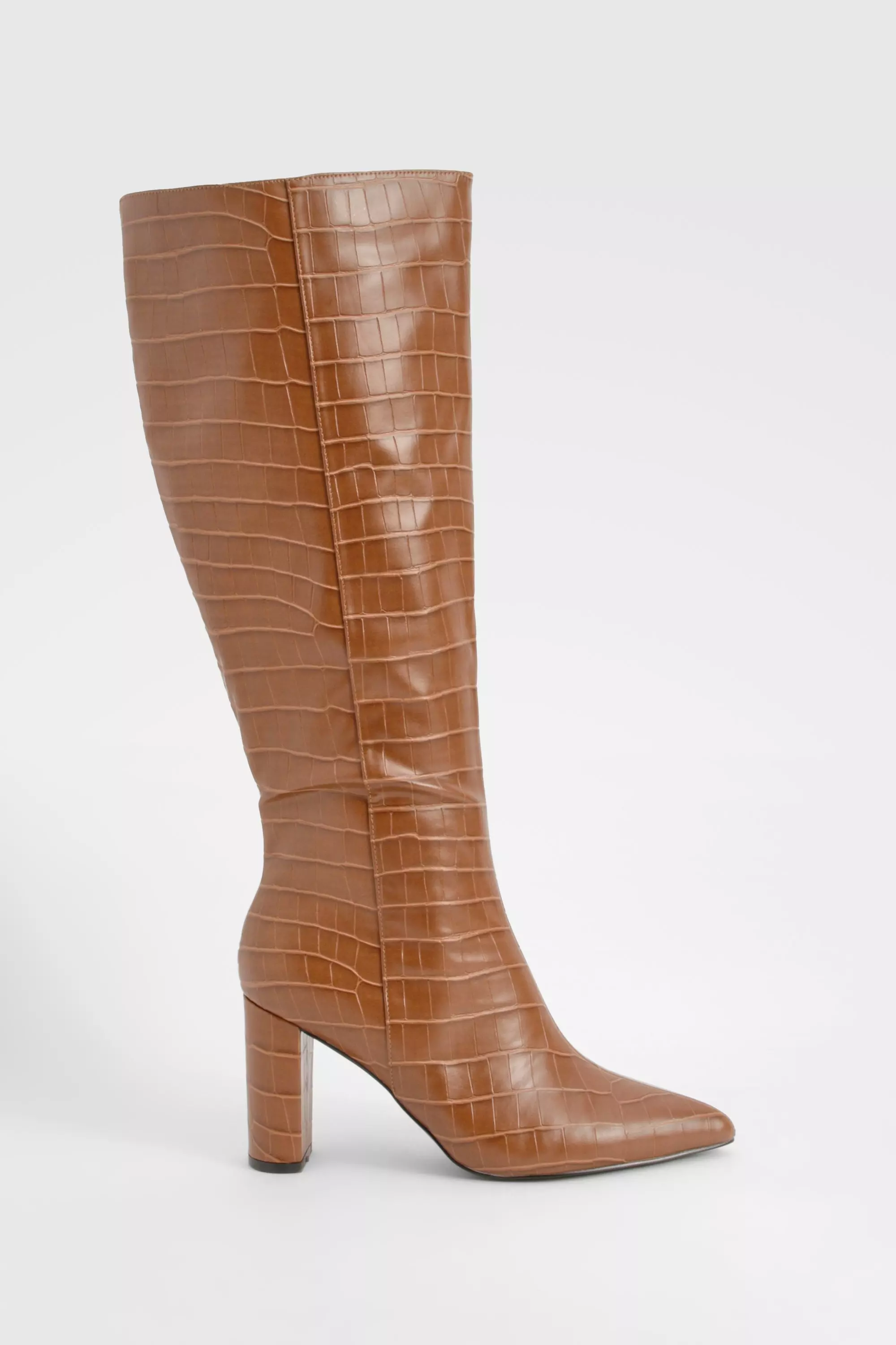 Camel Wide Fit Croc Pointed Knee High Heeled Boots صورة بديلة