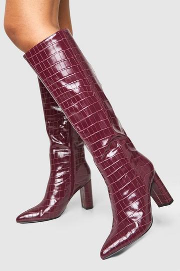 Wide Fit Croc Pointed Knee High Heeled Boots oxblood