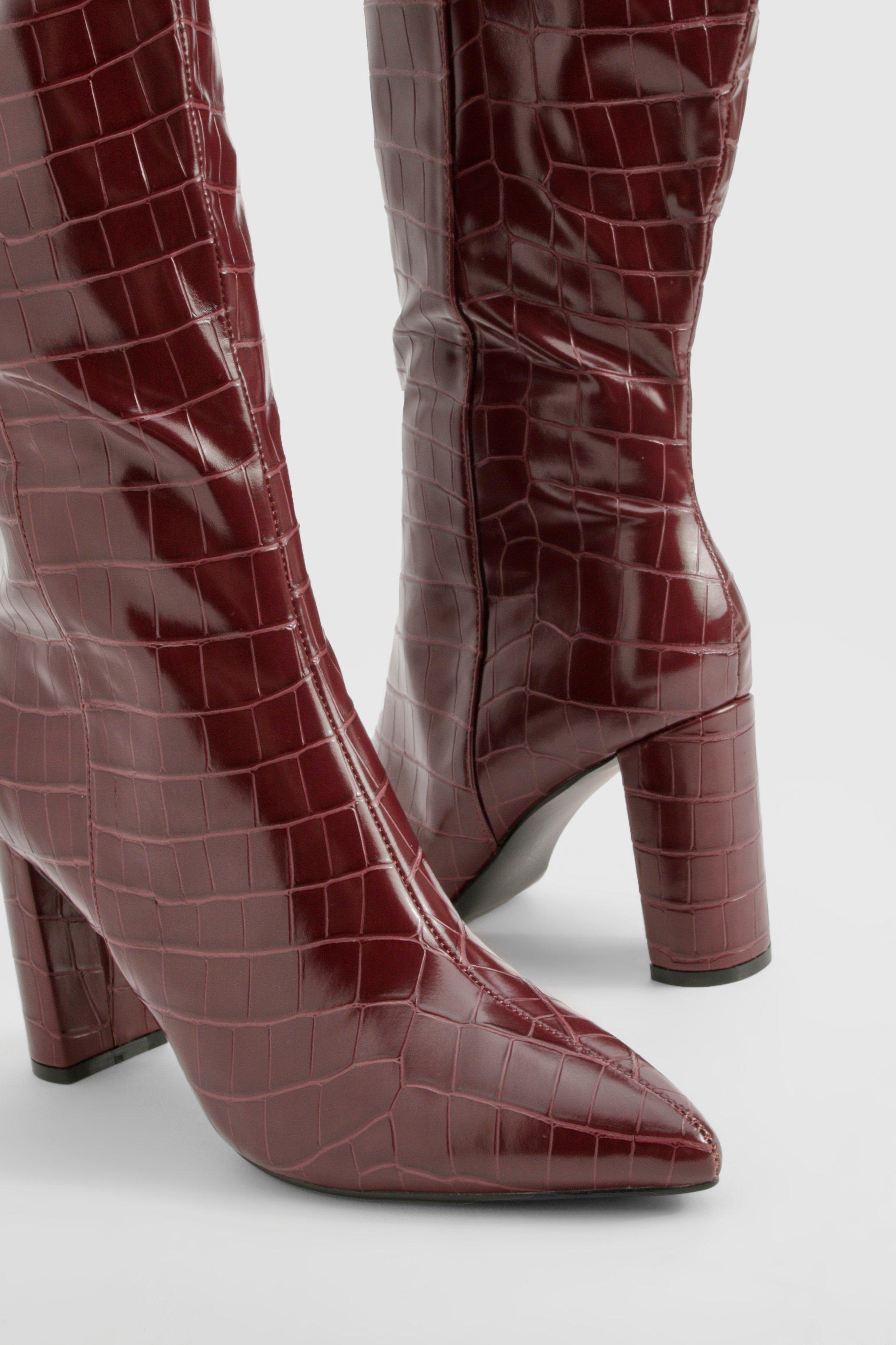 Wide Fit Croc Pointed Knee High Heeled Boots boohoo USA