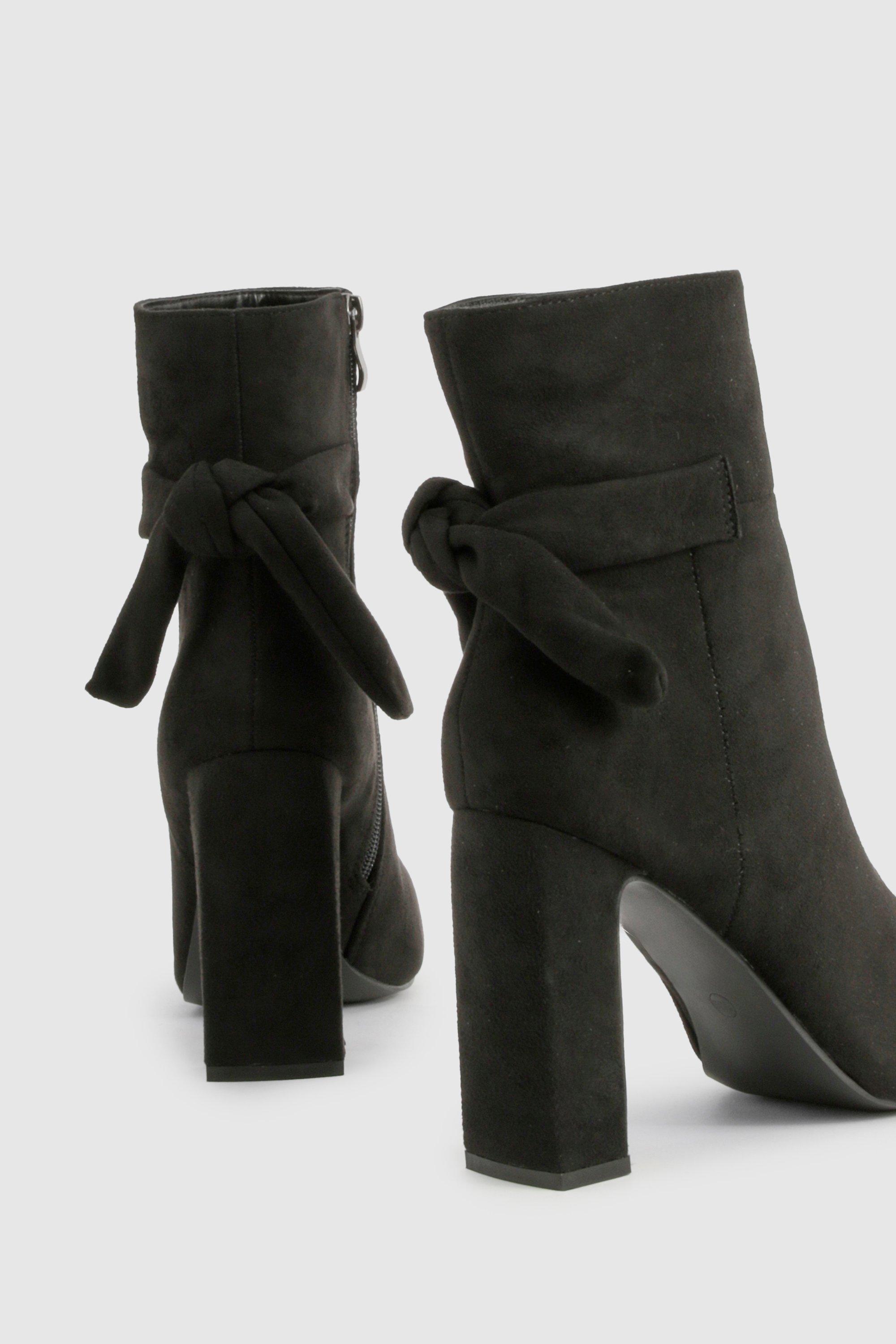 boohoo Wide Width Bow Detail Block Heel Ankle Boots Black Size 9