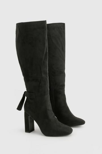 Black Bow Detail Block Heel Knee High Boots