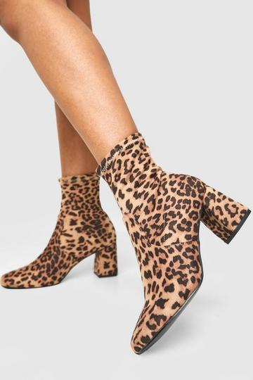 Wide Width Leopard Print Square Toe Block Heeled Boots leopard