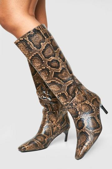 Wide Fit Snake Print Low Square Toe Knee High Boots brown