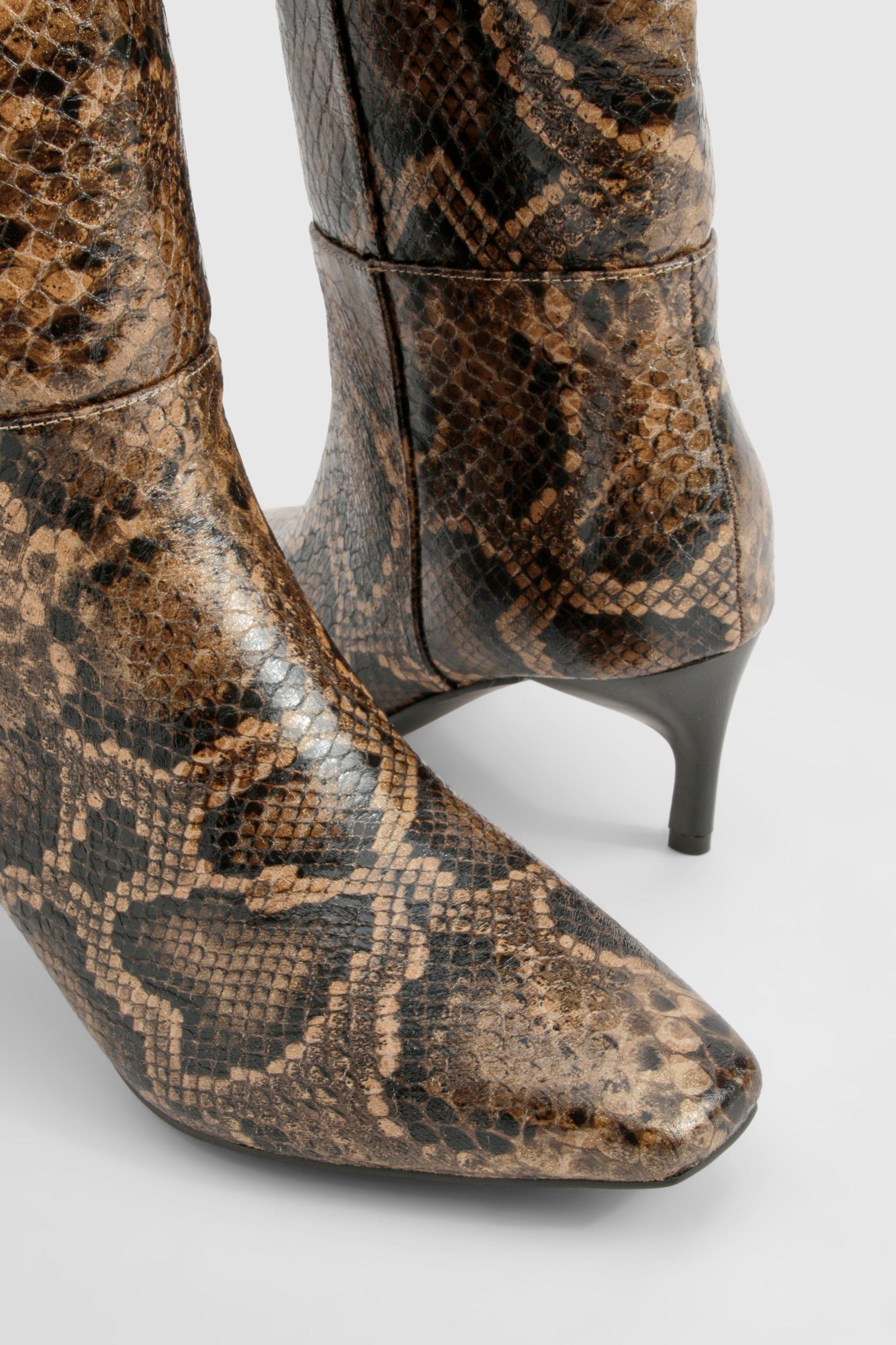 Wide Fit Snake Print Low Square Toe Knee High Boots boohoo CA